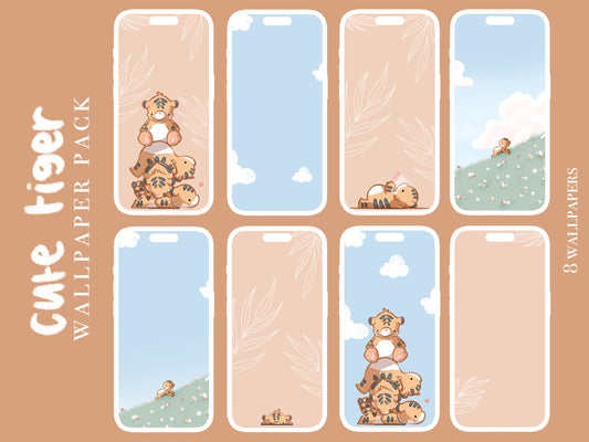 Set of 8 Cute Tiger Phone wallpapers - Digital Pastel aesthetic downloads for lock screen and home screen