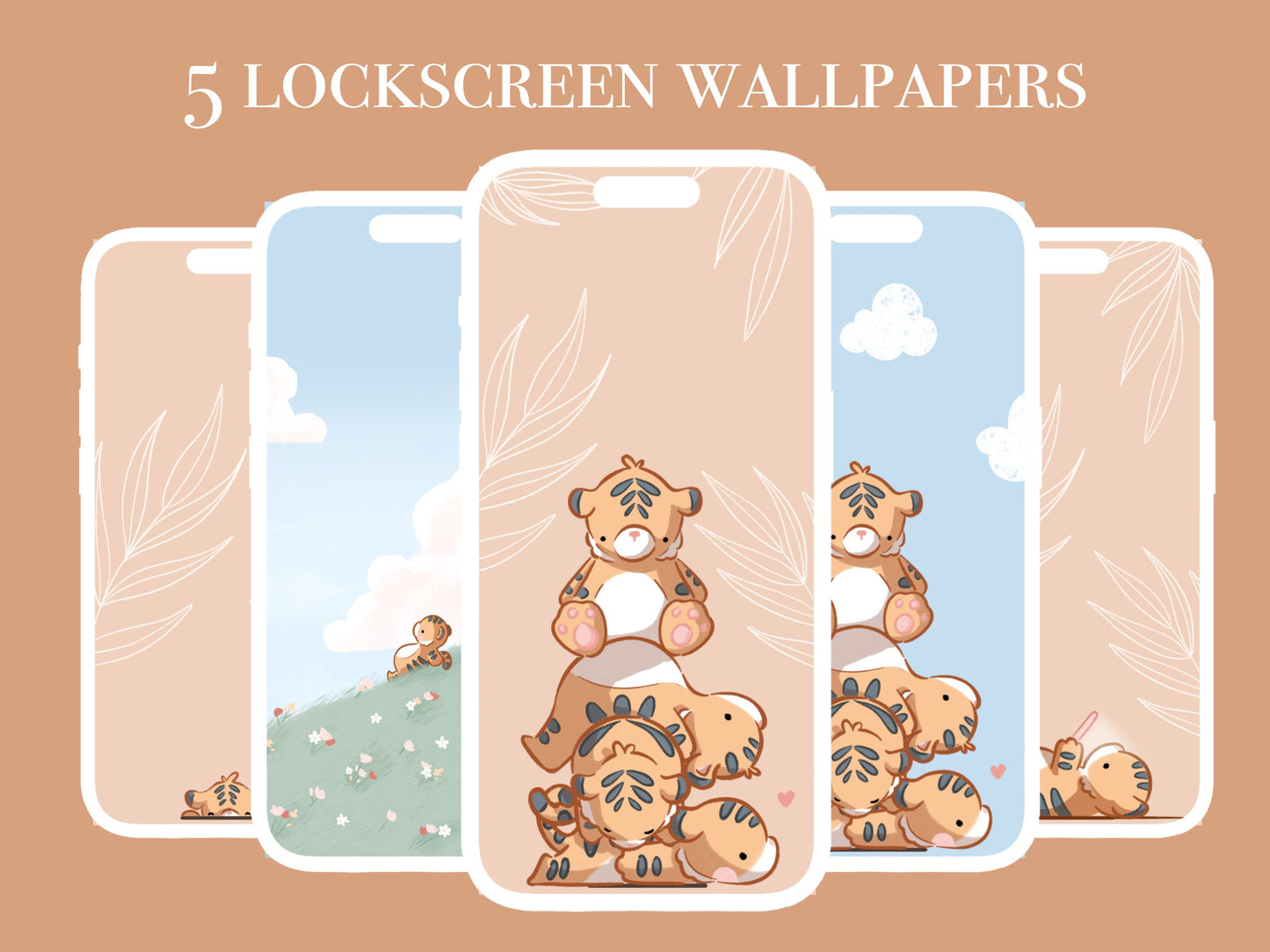 Set of 8 Cute Tiger Phone wallpapers - Digital Pastel aesthetic downloads for lock screen and home screen