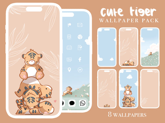 Set of 8 Cute Tiger Phone wallpapers - Digital Pastel aesthetic downloads for lock screen and home screen